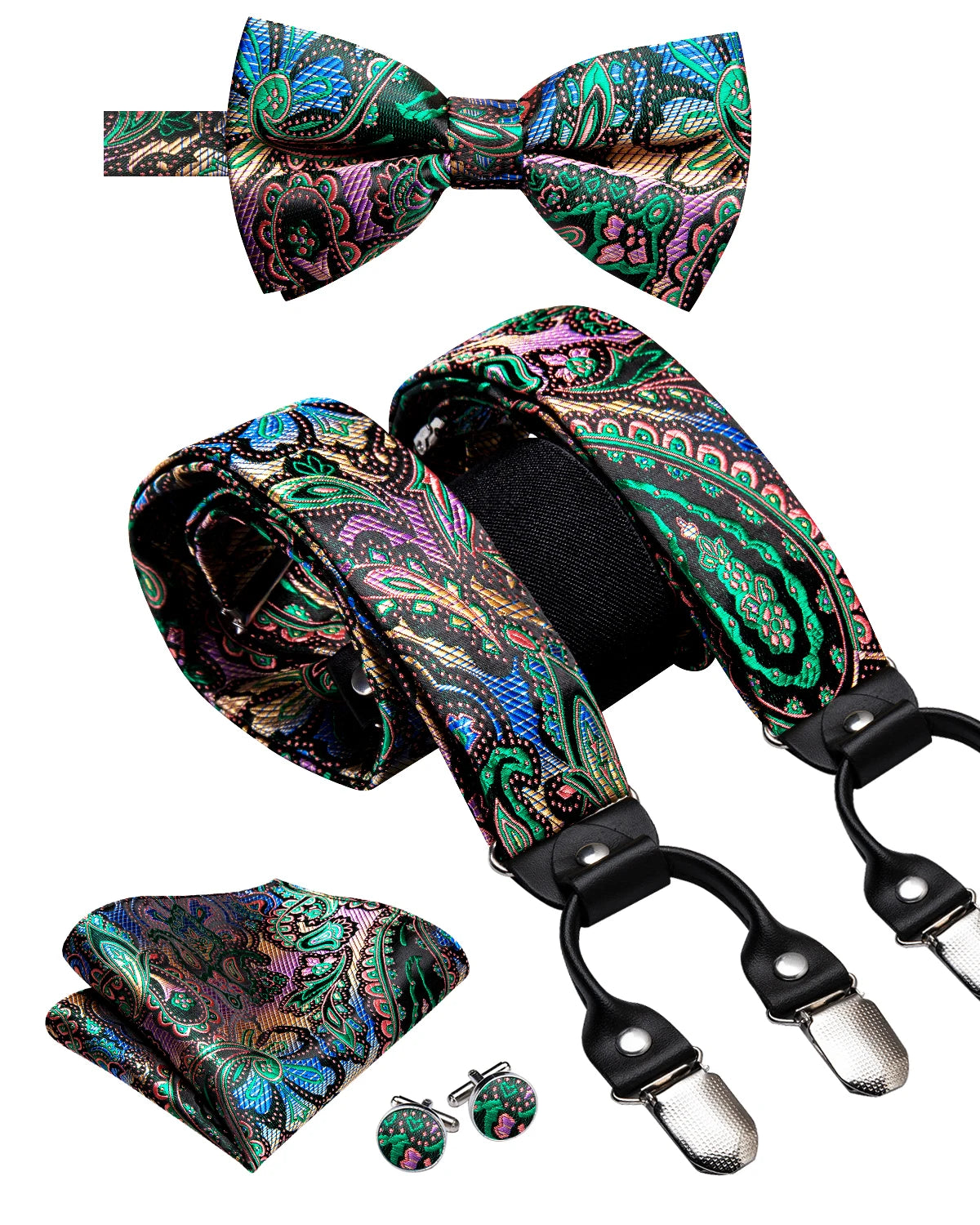 Hi-Tie Silk Adult Men's suspenders Set Leather Metal 6 Clips Braces Gold Brown Floral Vintage Men Fashion Wedding Suspenders Men BAZAARHUBO
