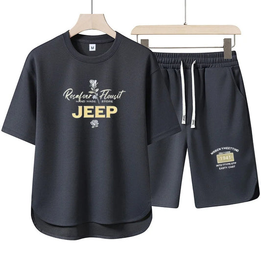 Jeep Men's Sporty and Casual Summer Short-Sleeved Round-neck T-Shirt Set, Drawstring Shorts Set, Fashionable Streetwear