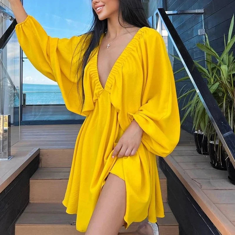 NHKDSASA Women Elegant Solid Loose Dress Summer Casual Long Sleeve Ruffle Dress Ladies Fashion V Neck A-line Party Dress Vestido