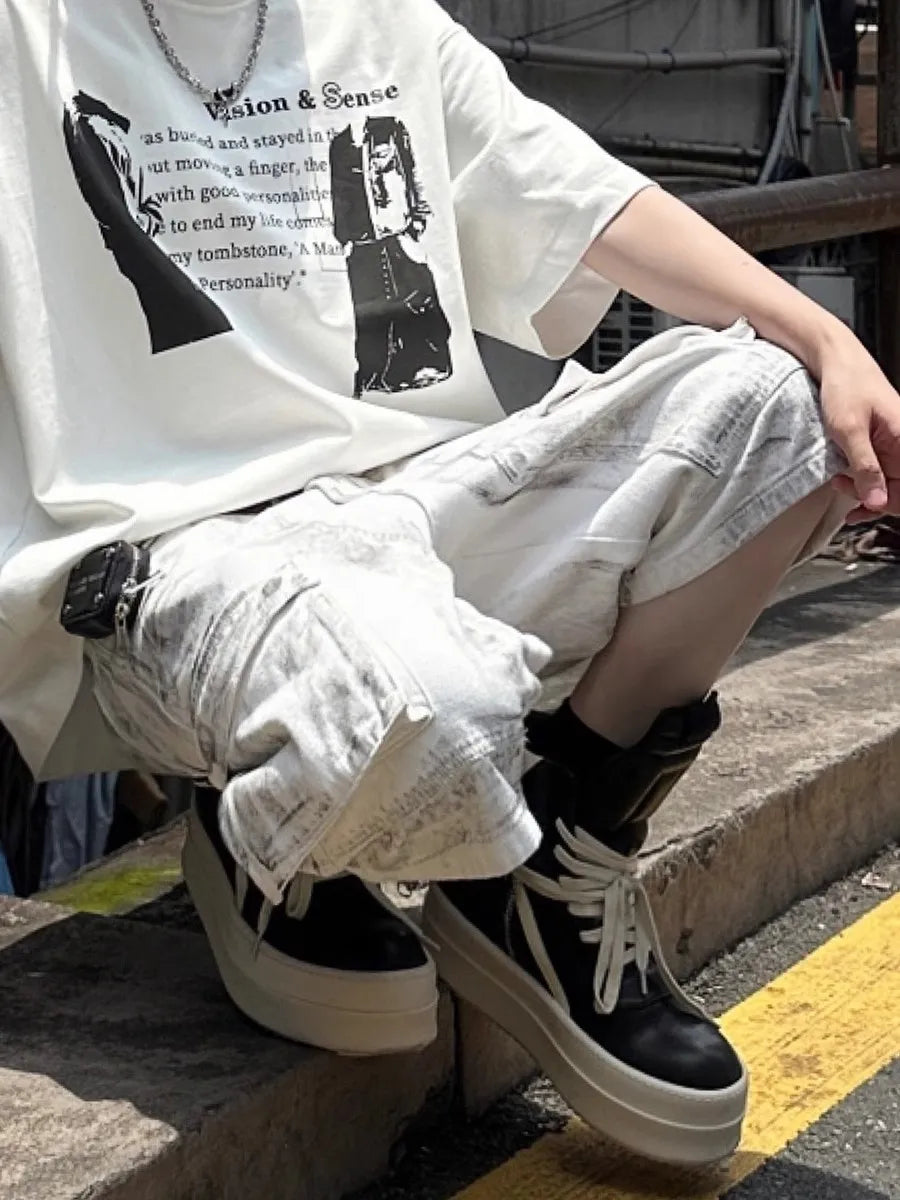 Summer Washed Distressed Workwear Shorts Men's Trendy Street Style Loose Wide Leg Big Pocket Seven-Foot Pants Casual Trousers