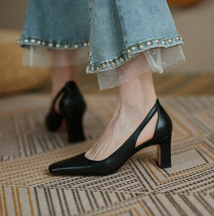 Office Ladies Summer Footwear High Heels Pumps On Heeled Square Toe Shoes For Women 2025 Fashion Leather Casual Slip A Vacation