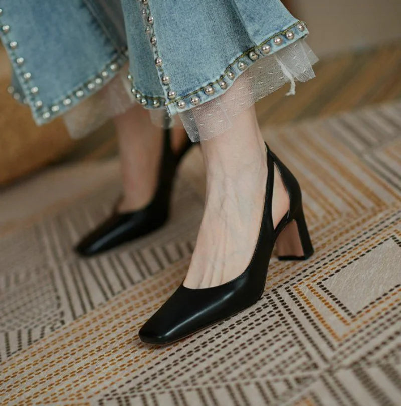 Office Ladies Summer Footwear High Heels Pumps On Heeled Square Toe Shoes For Women 2025 Fashion Leather Casual Slip A Vacation