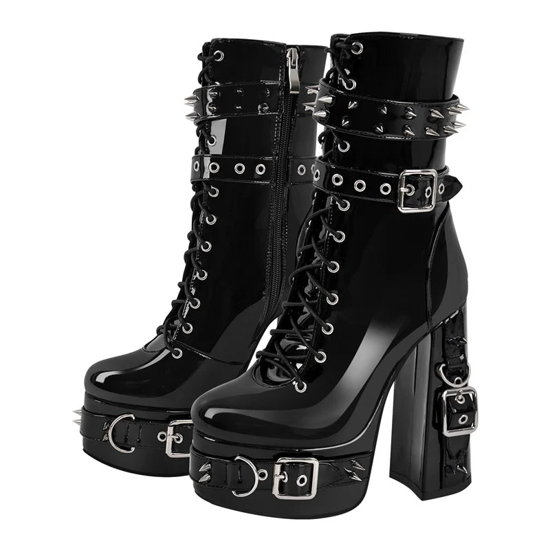 Onlymaker Women Platform Metal Buckles Lace-up Chunky Heel Ankle Boots Big Size Punk Booties