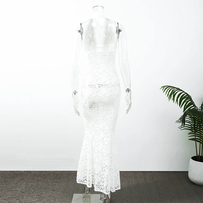 Solid Lace Halter Maxi Dress Sexy Cutout Waist Sheer Slim Fit Fishtail Long Gowns Women's Summer Evening Party Robes 2026 New