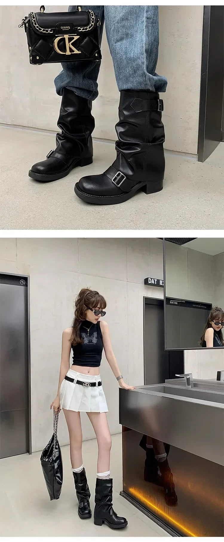 Pleated Buckle Knight Boots for Women Autumn Brown PU Leather Mid Calf Boots Woman Slip-On Thick Heel Riding 2024