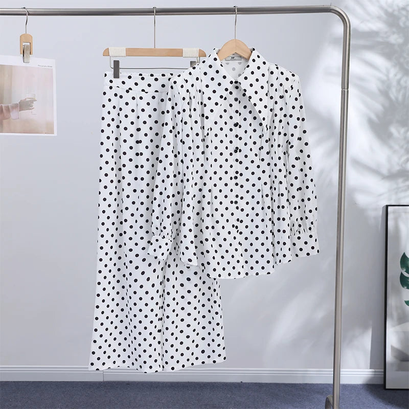 Elegant Dot Shirt Pants Women Set Casual Lapel Button Pleated Blouse Wide Leg Trousers 2026 Spring Summer Chic Lady Outfit New