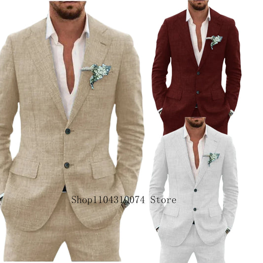 2 Pieces Blazer and Pants Set Linen Suit Tailored Suits Pocket in A Slot Men‘s Designer Clothes Vest for Office Evening Party