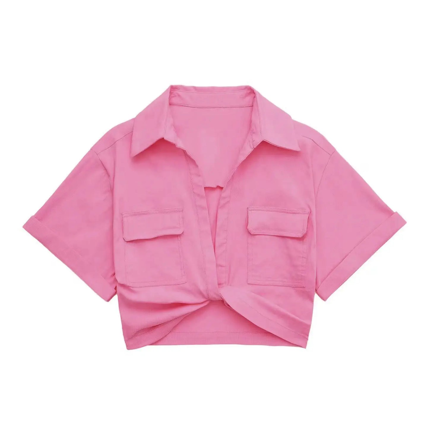 Women Fashion Front Knot Elastic Linen Cropped Shirts Vintage Short Sleeve Patch Pockets Female Blouses Blusa Chic Tops