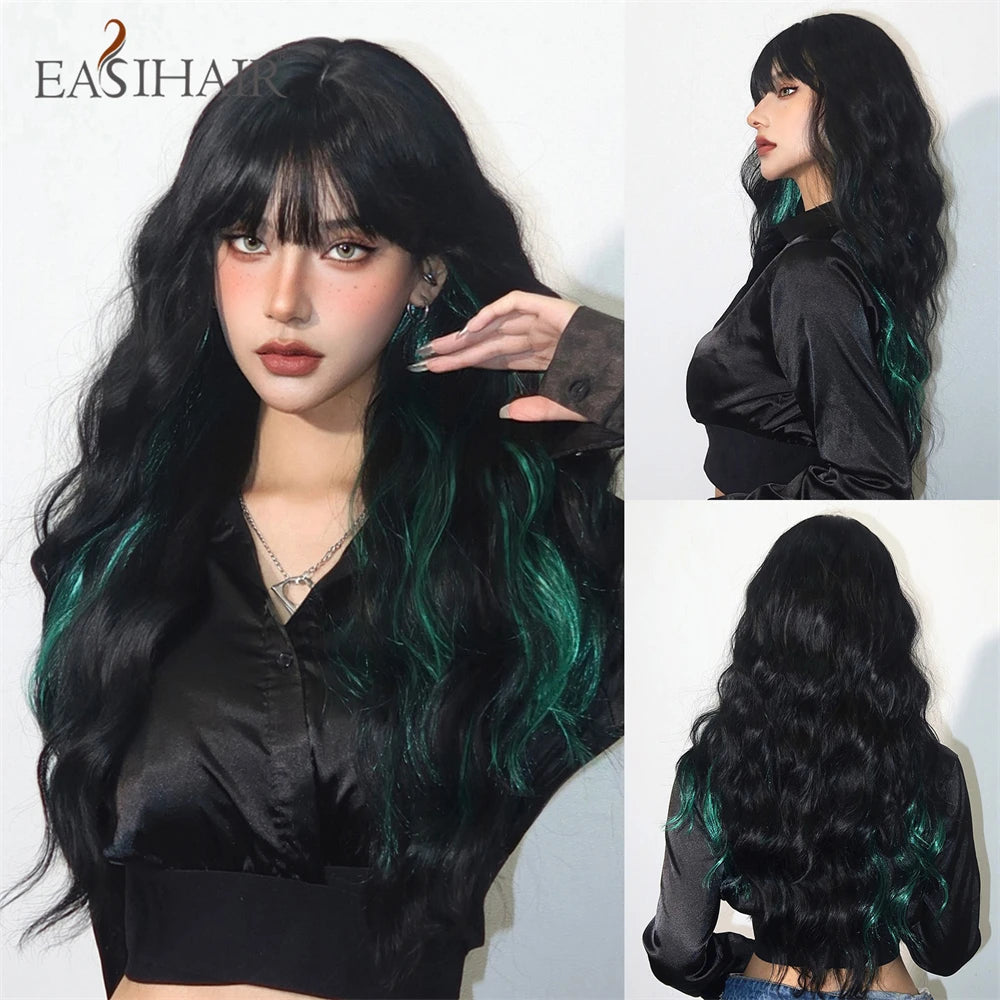 EASIHAIR Dark Brown Long Curly Synthetic Wig with Bangs Brown Women's Wigs for Cosplay Daily Use Heat Resistant Natural Hair