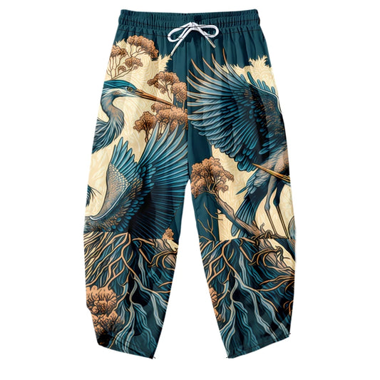 Men Yukata Style Harajuku Cardigan Traditional Japanese Great Wave of Kanagawa Crane Printed Trousers Asian Costume Kimono Pants