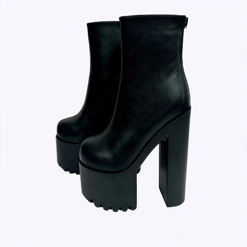 16CM Super High Heels Motorcycle Boots New Square Heel Platform Women Ankle Boots Sexy White Pleated Back Zipper Short Boots
