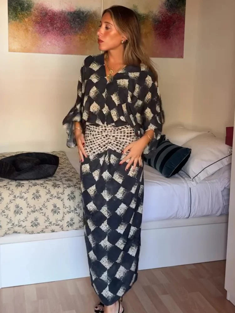 Elegant Plaid Printed Women's Dress V-neck Batwing Sleeve Waist Cinching Long Dress 2026 Spring Summer Casual Holiday Lady Robes