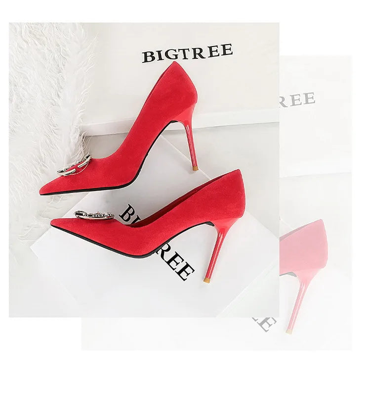 BIGTREE Shoes Metal Rhinestone Belt Buckle Women Pumps Suede High Heels Luxury Banquet Shoes Sexy Party Shoes Women Stilettos