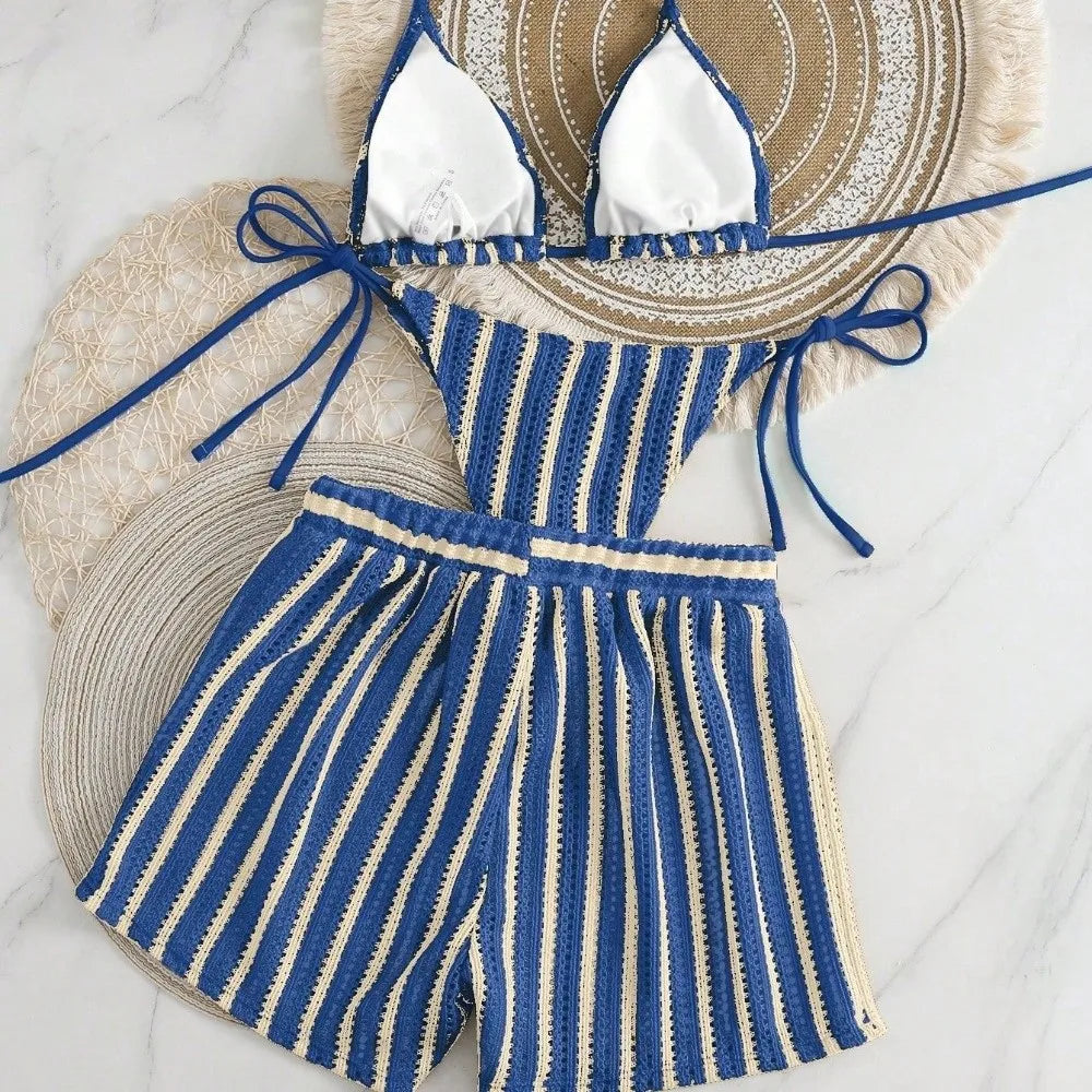 Fashion Stripes 3 in 1 Swimwear Set Lace Up Slim Fit Bikini Bathing Suit Deep-V Sleeveless Knitting Swimsuit Beach
