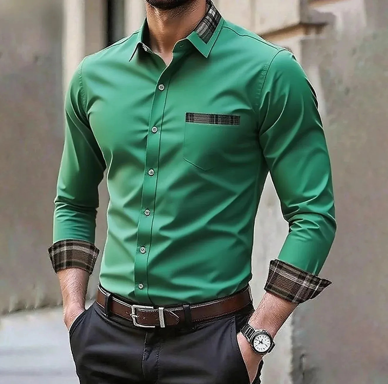 Men's pocket casual formal shirt, available in 12 colors, stylish and comfortable long sleeved shirt, suitable for weddings and
