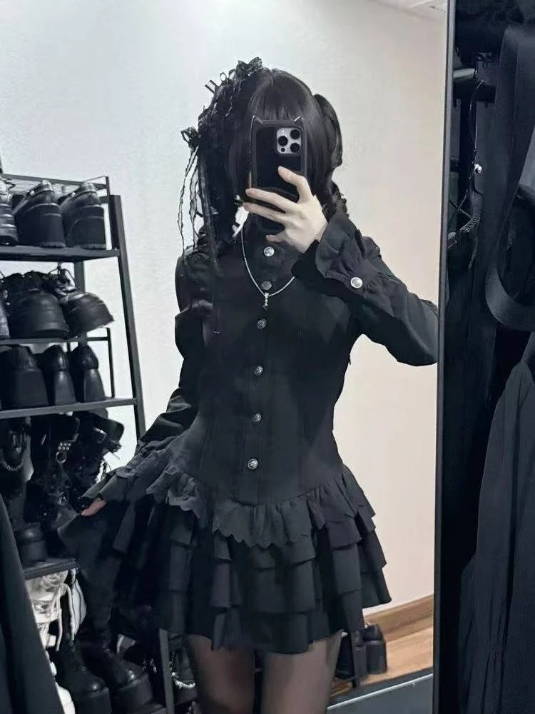 Gothic Vintage Lace Y2k Mini Dress Women Design Streetwear Black Lolita Slim Dress Long Sleeve Elegant Dress Spicy Girls