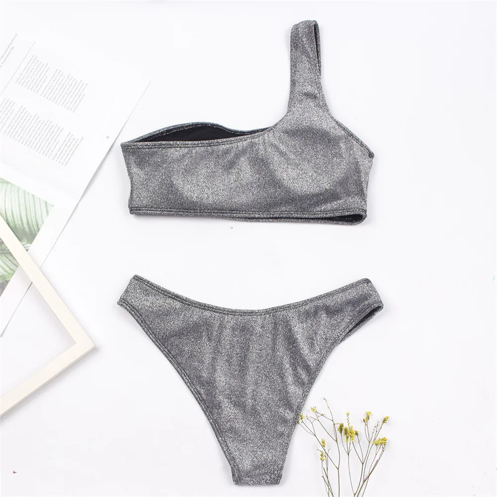 Women Sexy Bikini Set Biquini Ladies One Shoulder Blingbling Swimsuit  Female Two Piece Glitter Solid Color SwimwearW2023