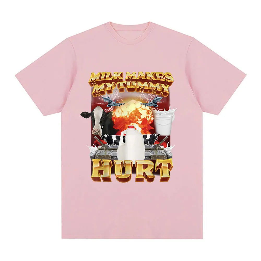 Milk Makes My Tummy Hurt T-shirt Lactose Tolerant Funny Meme Graphic T Shirt Men Fashion Vintage Hip Hop Short Sleeve T-shirts