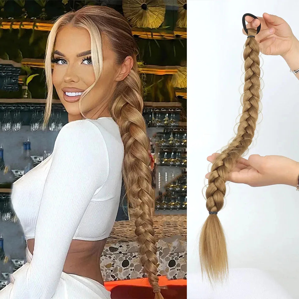 Synthetic Braided Ponytail Hair Extension With Rubber Band Boxing Braids For Women Hair Accessories 24Inch Long Black Braids