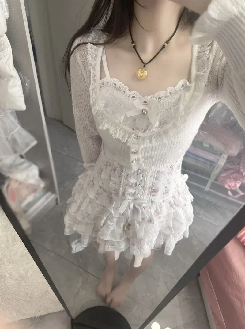 White Japanese Sweet Lolita lace two-piece set with long sleeves and layered ruffle mini skirt