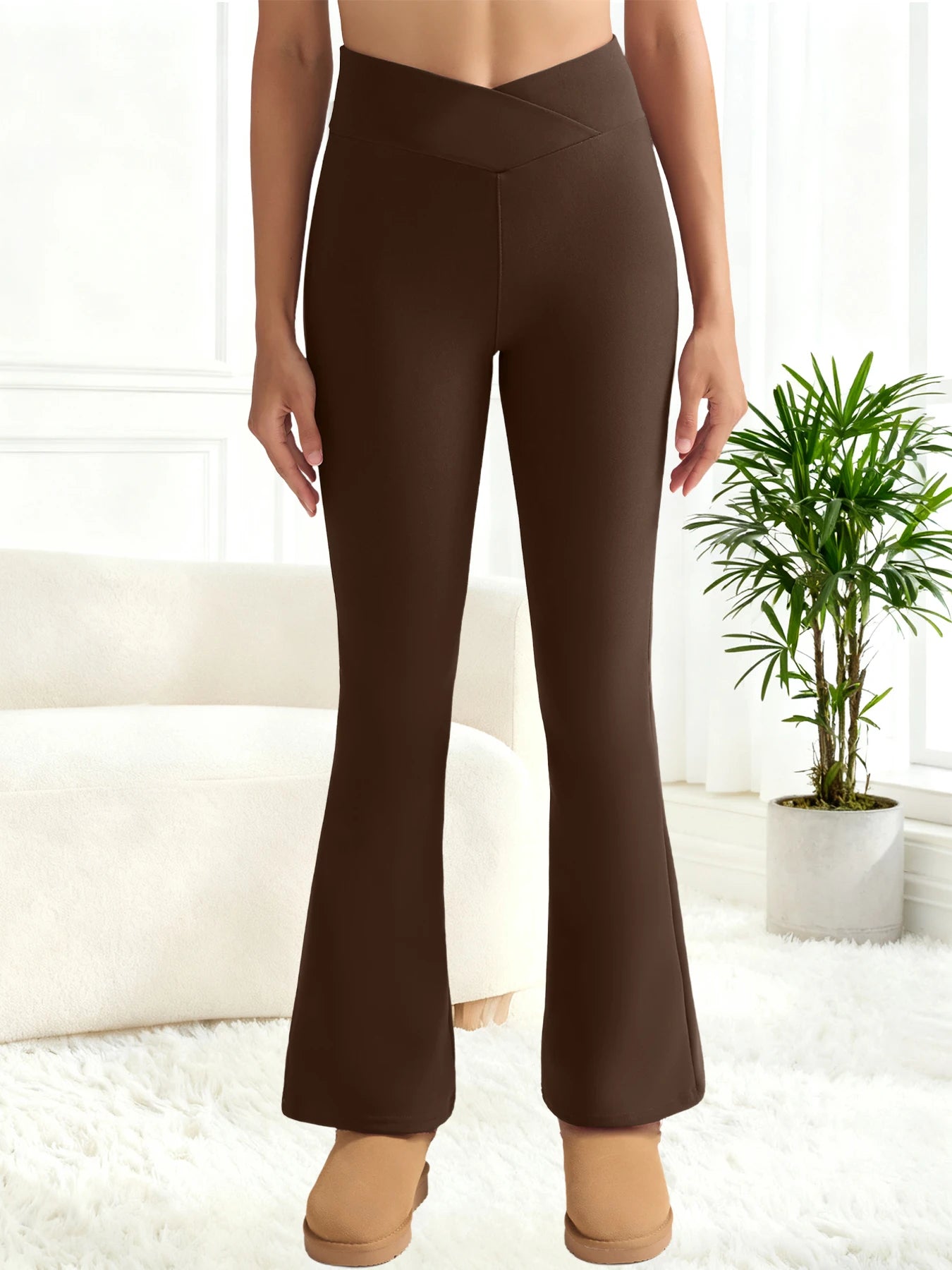 Brown high-waisted fleece thermal leggings with wide flare for winter casual wear