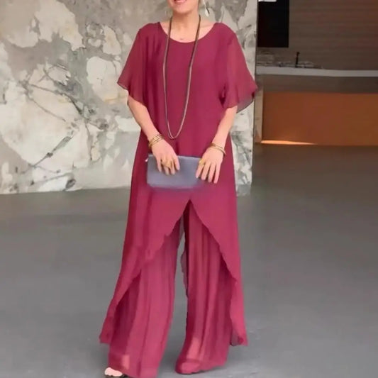 Women Cotton Linen Pant Sets 2 Pieces Casual Short Sleeve Solid Loose Blouse&High Elastic Waist Wide Leg Full Trousers Suits