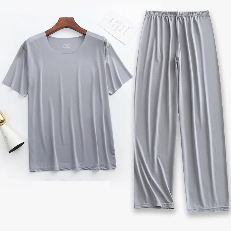 2Pcs/set Mens Ice Silk Short Sleeves T-Shirt & Long Pants Cool Thin Sleepwear Male Summer Pyjamas Home Clothing Nightwear Suit
