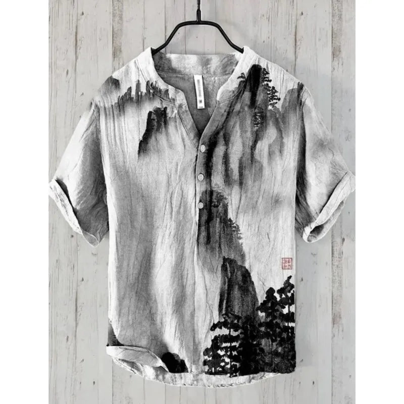 2025 New men's Linen short-sleeved Shirt Fashion Casual Printed Tops European And American Popular Style men's Clothing