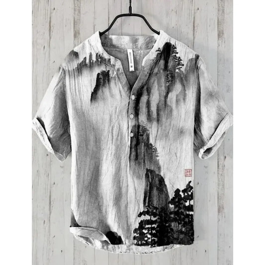 2025 New men's Linen short-sleeved Shirt Fashion Casual Printed Tops European And American Popular Style men's Clothing
