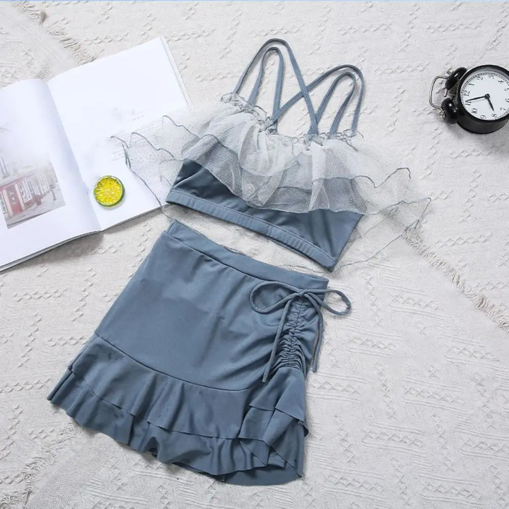 Slim Fit A-line Skirt Swimsuit Puff Ruffle Off Shoulder Lace Ruffled Bathing Suit Beachwear Two Pieces Set Swimwear Swimming