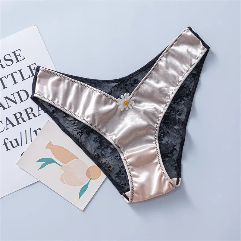 European Sizes Satin Luxury Style Women Sexy Low Waist V Shape Lace Flower Underwear Breathable High Stretch Soft Panties Breifs