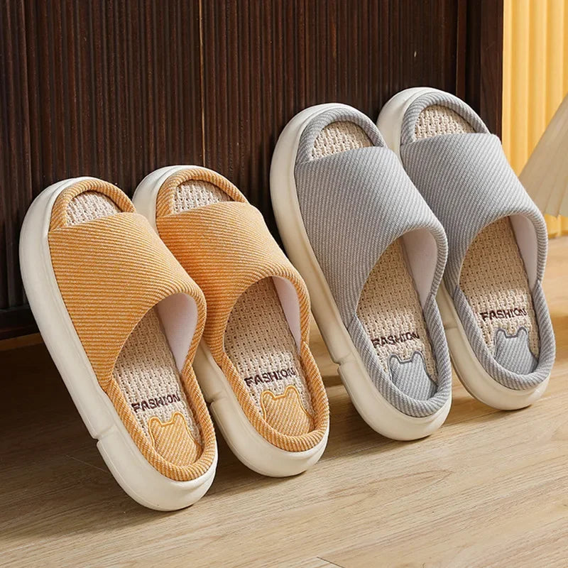 Couples Home Linen Slippers Women Indoor Soft Comfortable Bedroom Slides Men Leisure Non Slip House Shoes Platform Cotton Flats