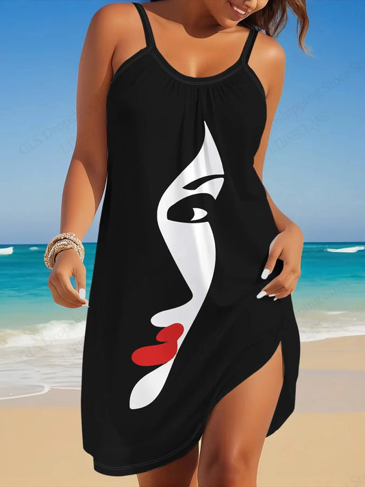 New African Women Face Print Dress For Women Fashion Summer Mini Strap Beach Dress Bohemian Sleeveless Party Dresses Sundress