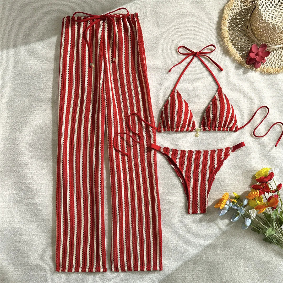 With Pants Striped Halter Bikini Female Swimsuit Women Swimwear Three-pieces Bikini set Brazilian Bather Bathing Suit Swim