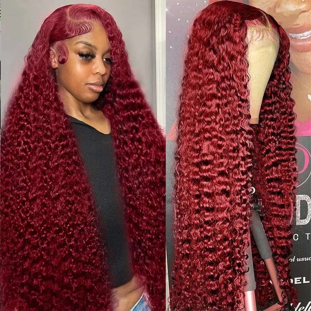 Burgundy 13x6 Hd Lace Front Human Hair Wig Curly Wig Red Wigs 40 Inch Transparent Lace Deep Wave Frontal Wig 99j 200 Density