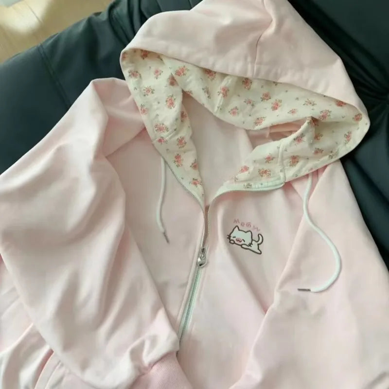 Harajuku Korean  Kawaii Hooded Coat Women Thin Long Sleeve Zipper Cardigan Y2K Streetwear New Mid-length Loose Jackets