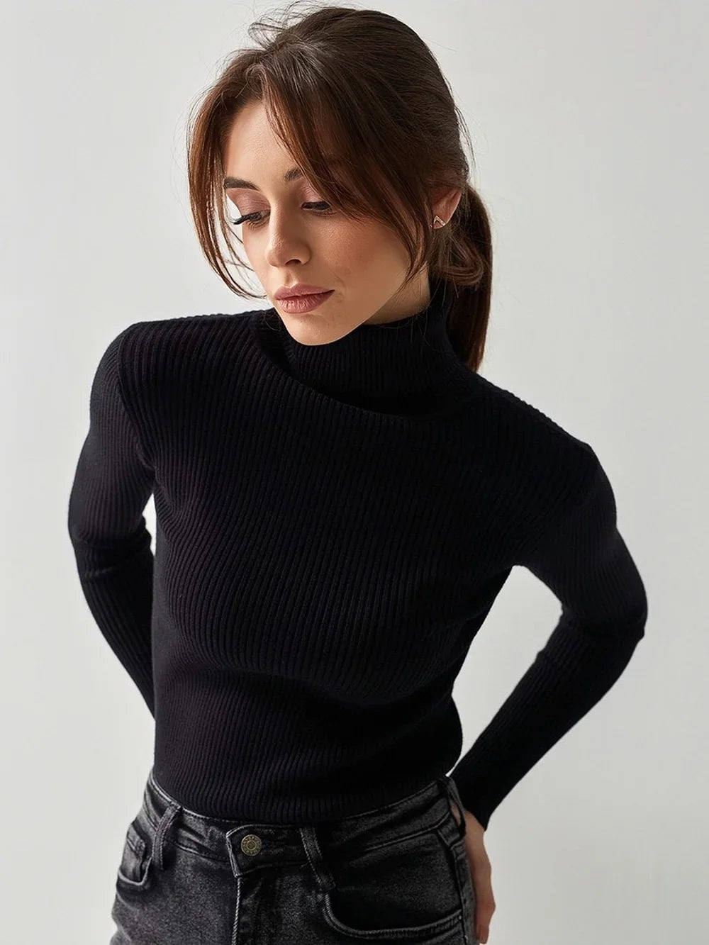 AOSSVIAO 2026 Basic Mock Neck Ribbed Sweaters for Women Cute Sexy Knitted Autumn Winter Warm Fitted Fashion Pullover Sweater