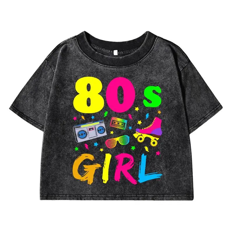 80 S Girl Colorfulprinting Female Washed Short Tshirt Breathable Summer T Shirt Casual Fashion Midriff-Baring Distress Tops