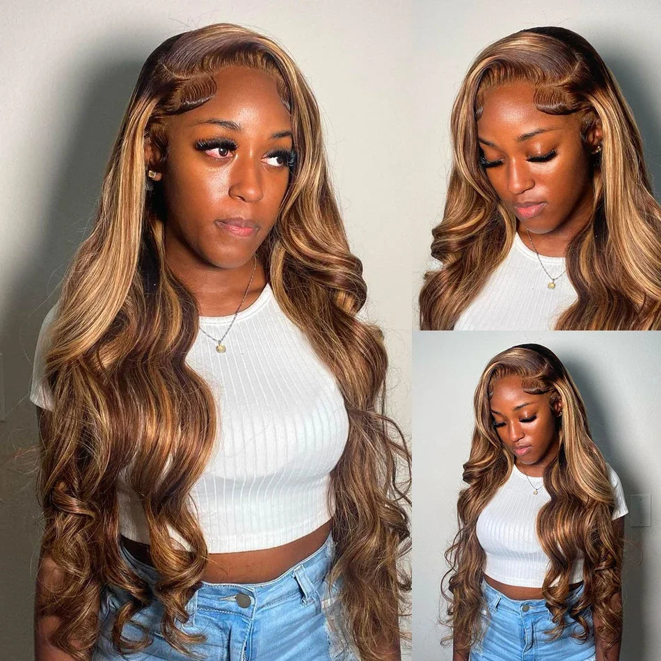30 40 Inch 4/27 Highlight Body Wave 13x6 Lace Front Wig Brown Color 13x4 HD Lace Frontal Wig Ombre Blonde Human Hair Wig