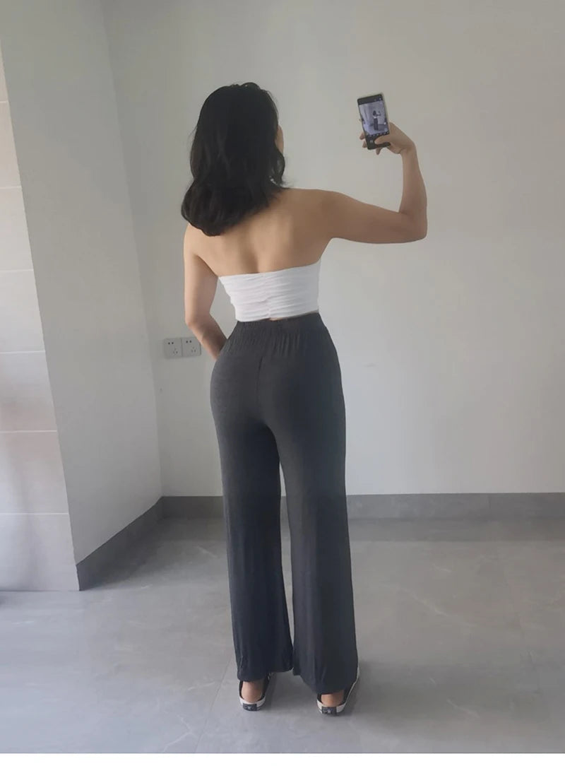 BIVIGAOS Summer Drawstring Ultra-thin Modal Wide Leg Pants Women High Waist Drape Casual Sport Pants Gray Sunscreen Fitness Pant