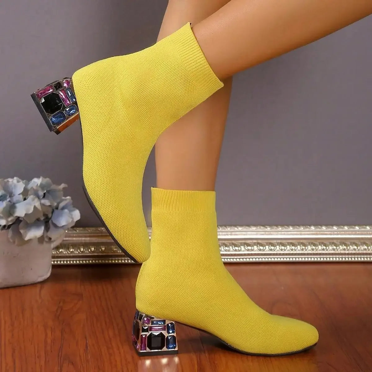 Women Hot Sale High Heels Short Boots 2023 Winter Designer Square Toe Mesh Breathable Stretch Sock Boots Slip on Platform Shoes