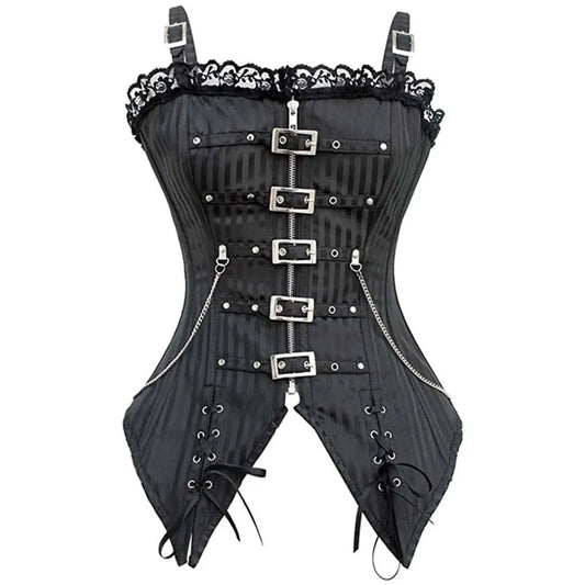 Sexy Women Punk Rock Style Steampunk Corset Bustier Striped Zip Buckled Overbust Gothic Corselet Top Vintage Lace Vest