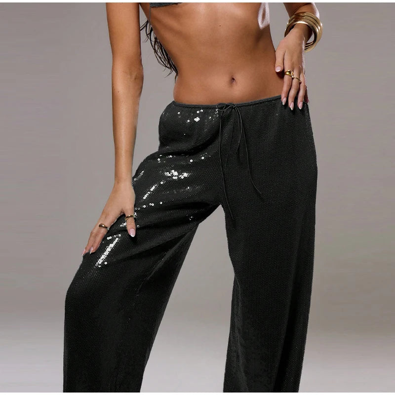 Women Sequin Pants Cinched Waist Glitter Baggy Straight Long Trousers