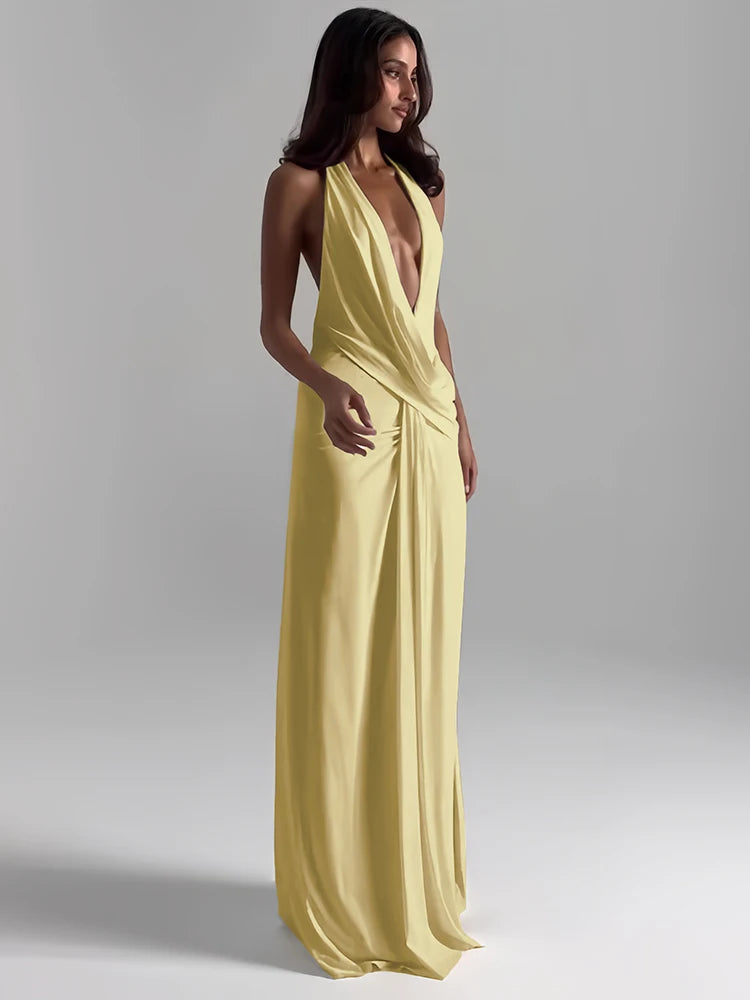 Weird Puss Sexy Backless Long Dress Women Halter Deep V-Neck Sleeveless High Splits Hem New Trend Pool Style Elegant Vestidos BAZAARHUBO