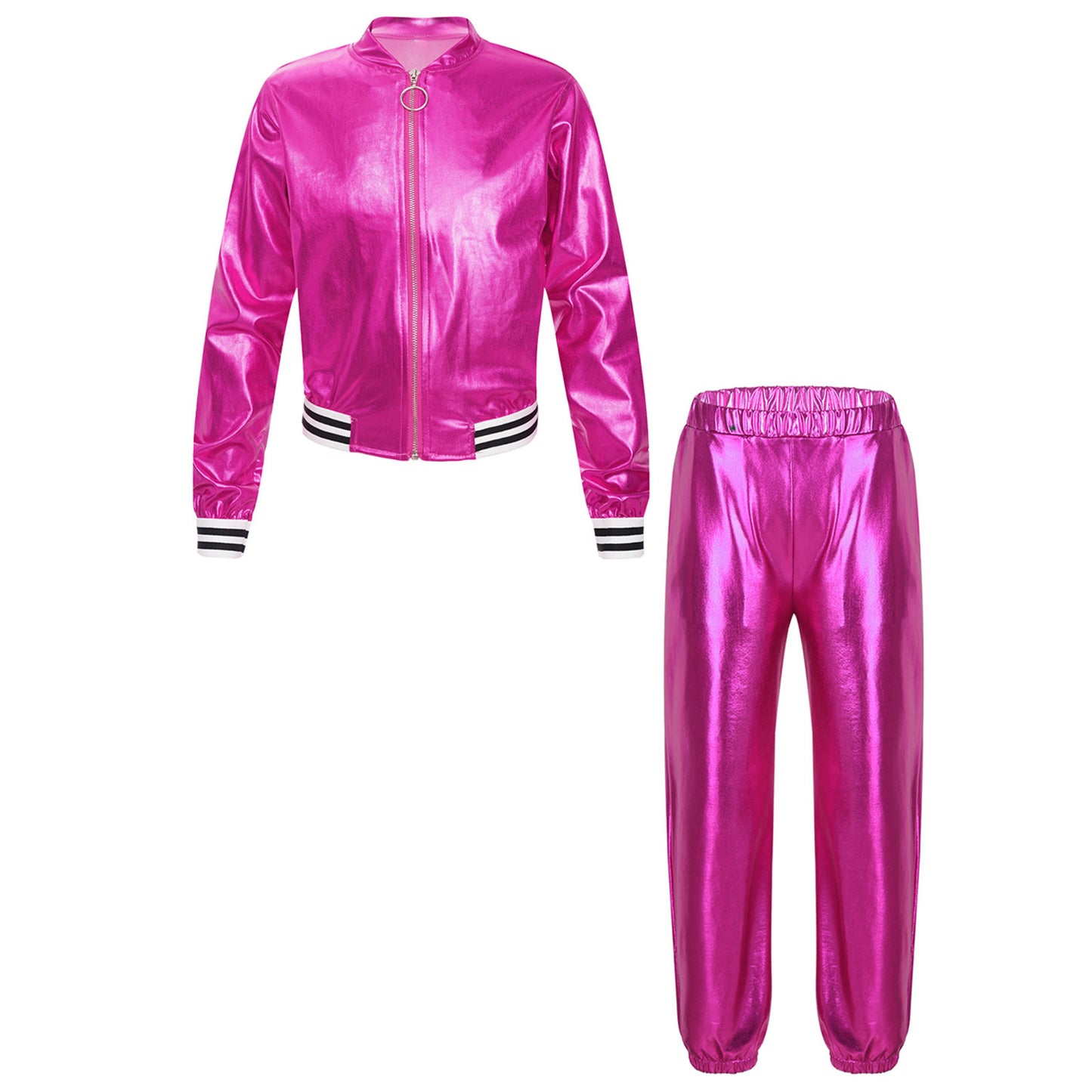 Kids Girls Sports Outfits Jazz Hip Hop Street Dance Costume Shiny Metallic Long Sleeves Bomber Jacket Coat with Pants Streetwear