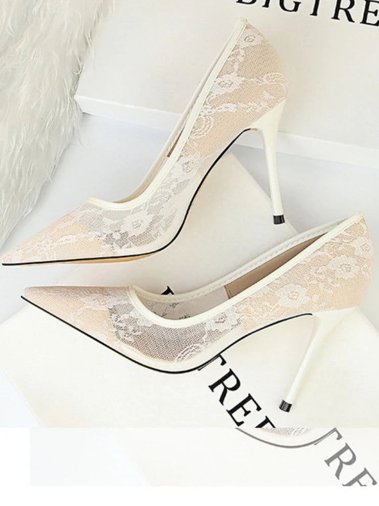 Women Fashion Sexy Pumps High Heels Shoes Female Sexy Wedding Shoes Ladies Stiletto Women New Pointed Toe Mesh Hollow Lace Heels
