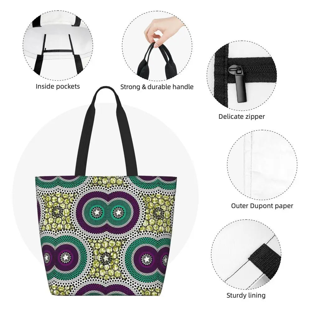African Ankara Prints Grocery Shopping Tote Bags Women Geometric Ethnic Art Canvas Shoulder Shopper Bags Big Capacity Handbag