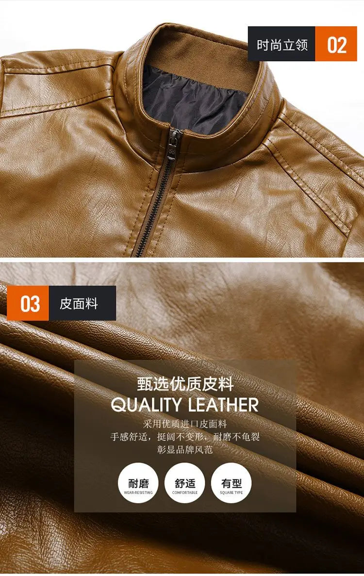 Trendy Casual Loose Jacket for Men with Velvet Thickened Winter with PU Leather Stand Collar