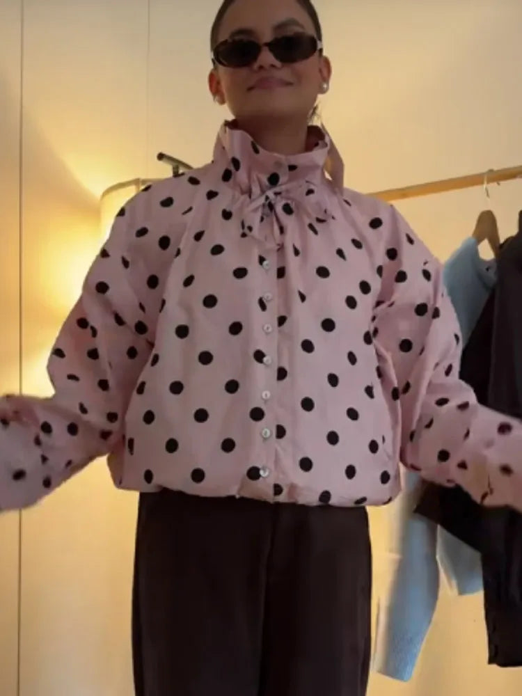 Chic Polka Dot High Neck Short Jacket For Women Long Sleeve Loose Lace Up Coat Commuter Casual Outwears 2026 New Lady Streetwear