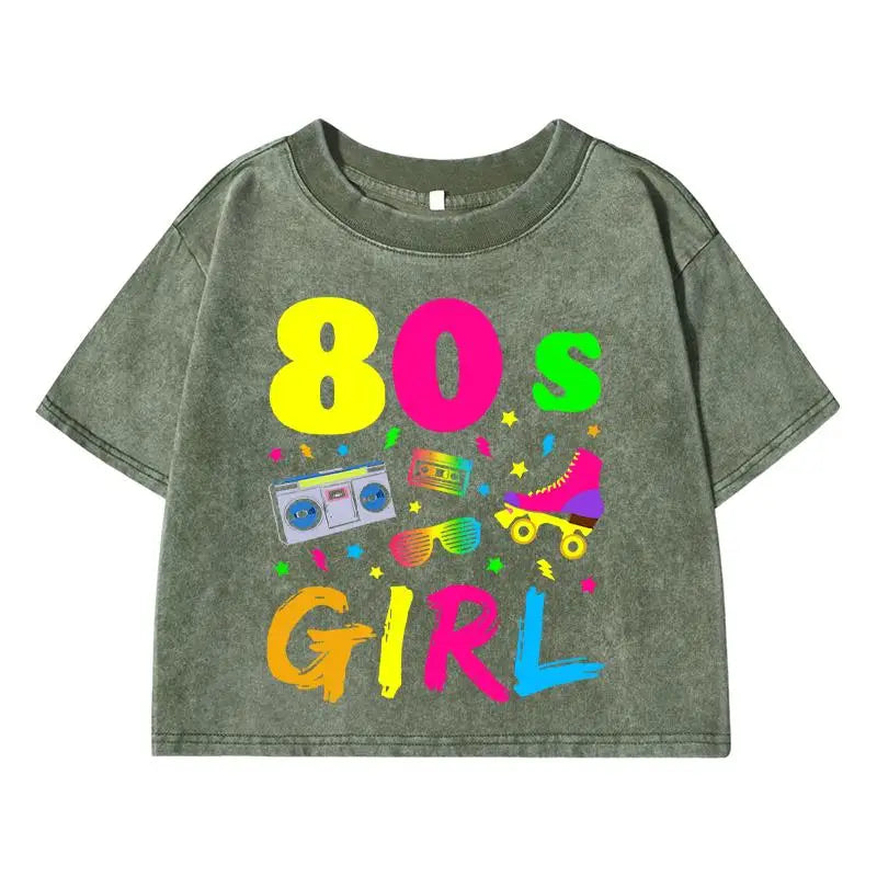 80 S Girl Colorfulprinting Female Washed Short Tshirt Breathable Summer T Shirt Casual Fashion Midriff-Baring Distress Tops